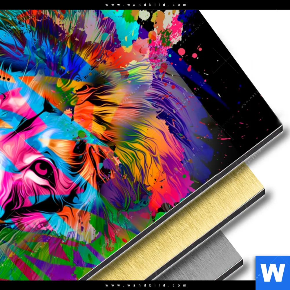 Aluminiumbild gebürstet | Bunter Löwe Schwarz | Hochformat - Image 3