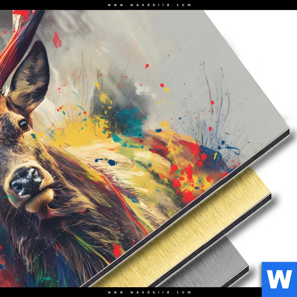 Aluminiumbild gebürstet | Kreativer Hirsch mit Farbspritzern | Querformat - Image 3