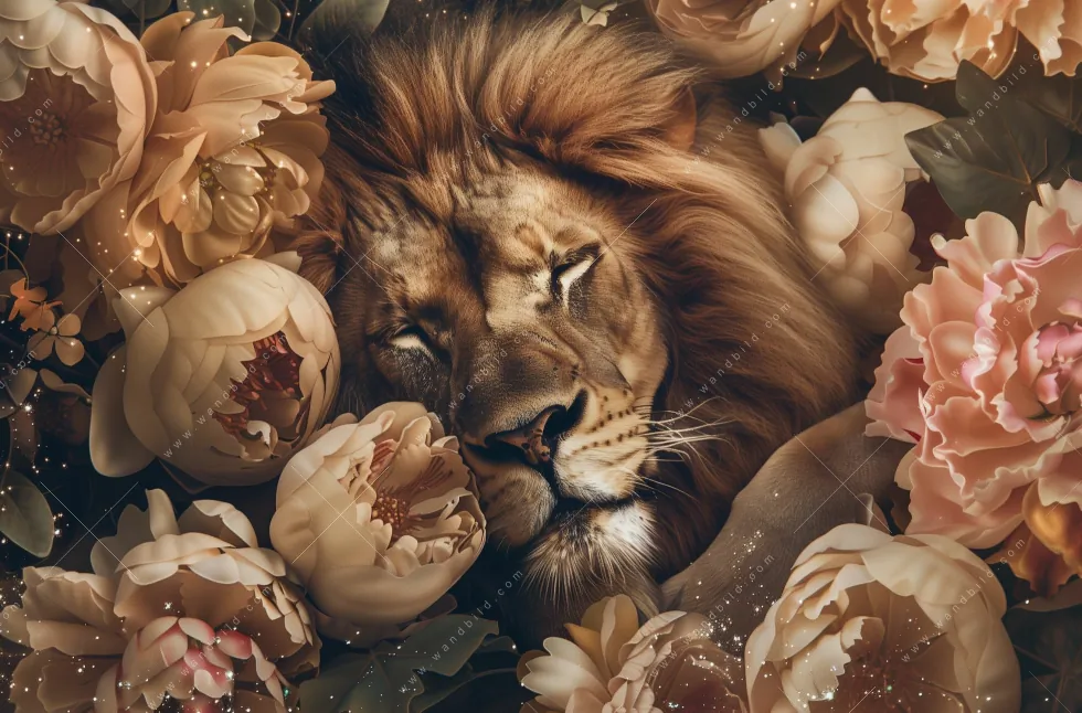 Aluminiumbild gebürstet | Löwe schläft in Blüten | Schmal - Image 5