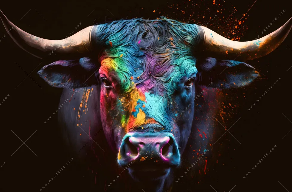 Aluminiumbild gebürstet | Stier mit bunten Farben | Querformat - Image 5