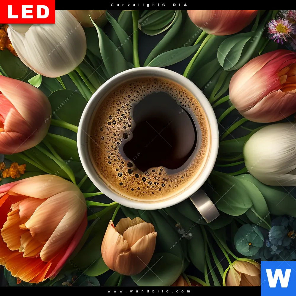 Leuchtbild Acrylglas Canvalight® DIA | Kaffee inmitten wunderschöner Blumen | Quadrat - Image 4