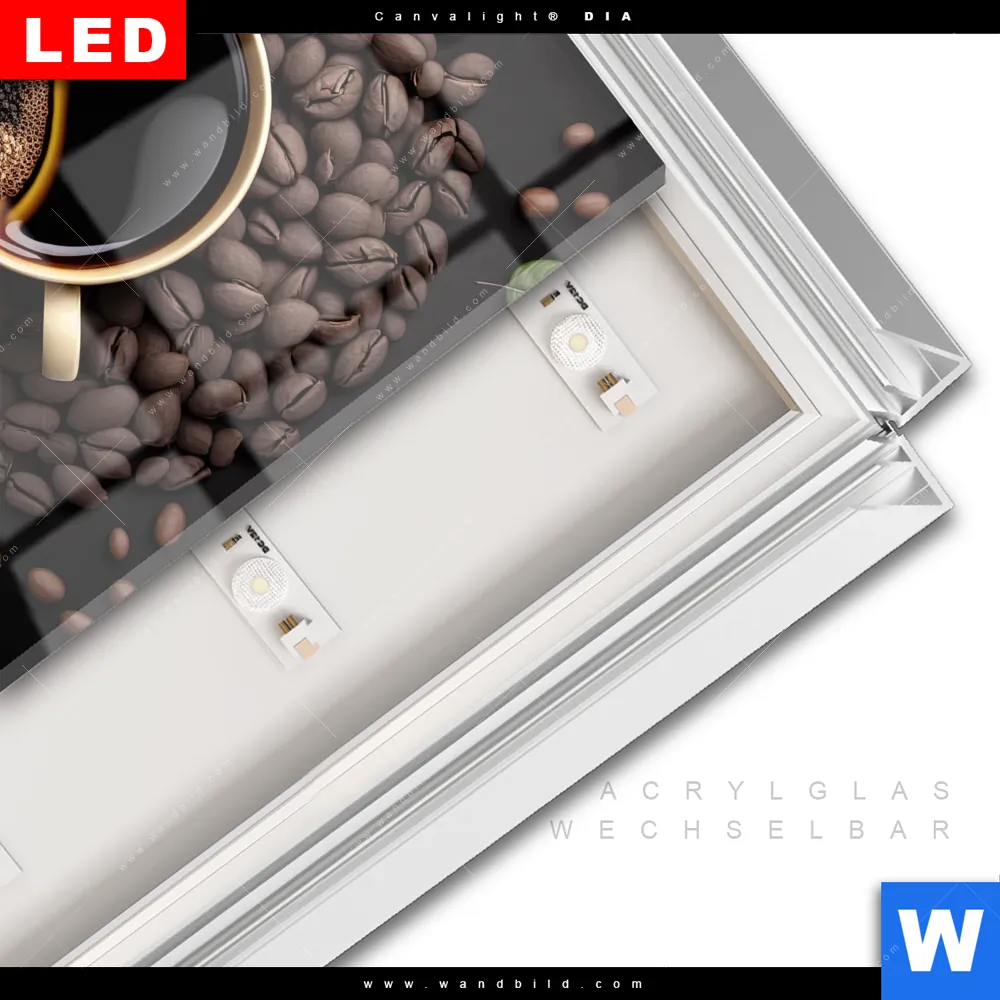 Leuchtbild Acrylglas Canvalight® DIA | Kaffee mit Blattdekoration | Quadrat - Image 3
