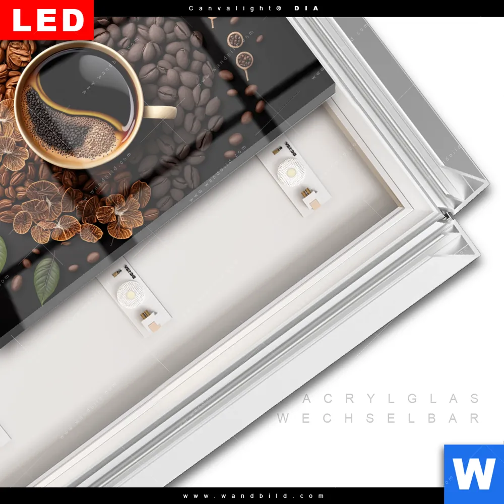 Leuchtbild Acrylglas Canvalight® DIA | Kaffee mit Blattdekoration | Querformat - Image 3
