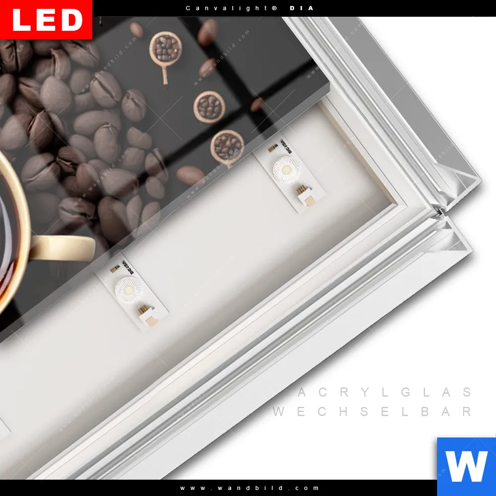 Leuchtbild Acrylglas Canvalight® DIA | Kaffee mit Blattdekoration | Schmal - Image 3